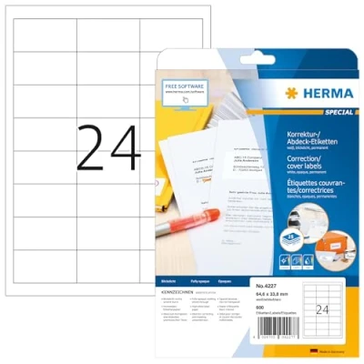 Image of HERMA Self Adhesive Correction Labels, 24 Labels per A4 Sheet, 25 Sheets, 64.6 x 33.8 mm, 600 Blank Opaque Stickers, Sticky for Laser &amp; Inkjet Printer, White