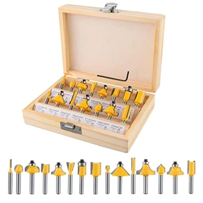 Image of Gueenky 15 Pieces Router Bits, 6.35mm 1/4 Inch Shank Bits Set, Tungsten Carbide Bit Set with Wooden Box, Milling Cutter for Woodworking, Wrench