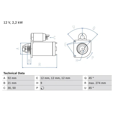 Image of 0051511501, A0051511501 Starter motor BOSCH 0 986 016 210 12V 2,2kW 9 30,50 links 92mm LAND ROVER: Discovery 2, Defender Off Road Convertible