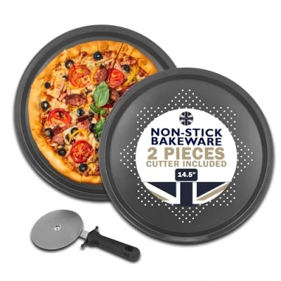 Image of Chabrias Ltd 14.5&quot; Pizza Pan Perforated Carbon Steel Tray Twin Set with Cutter