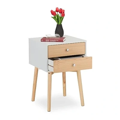 Image of Relaxdays Bedside Table, with 2 Drawers, HWD: 60x40x40 cm, Bedroom Cabinet, Children&#039;s Room, Nightstand, White/Natural, Fibreboard, 60 x 40 cm