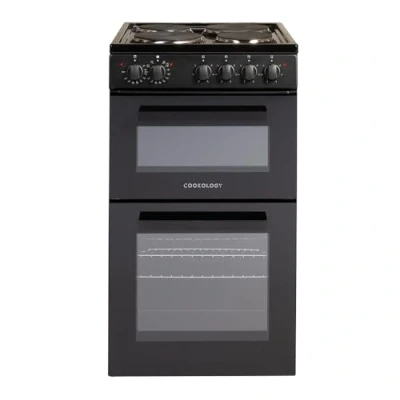 Image of Cookology CFSPTC502BK 50cm Wide Freestanding Electric Twin Cavity Cooker, Combined 93 Litre Capacity with 4 Zone Solid Plate Top Hob Cooktop in Black