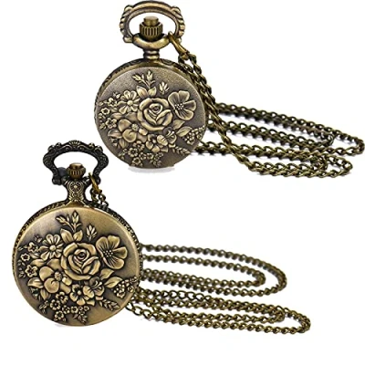 Image of JewelryWe Flower Series Pocket Watch Classic Steampunk Fob Half Hunter Quartz Watches Retro Bronze Pendant Necklace for Women