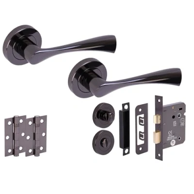 Image of HANDLEZONE® Zena Door Handles on Rose Bathroom Lock Pack with Ball Bearing Hinges Black Nickel
