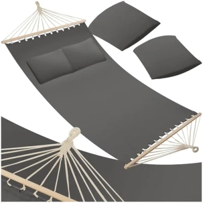 Image of tectake® 2 Person Garden Hammock with Soft Surface &amp; Plush Pillows, Durable Secure Suspension, 240 kg Load Capacity, Easy Setup, Spacious Double for Backyard, Patio, Camping Dark Grey
