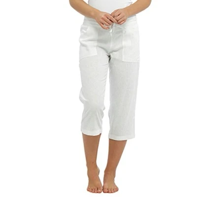 Image of Ladies Women 3/4 Length Linen Trousers With Elasticated Waist UK14 White