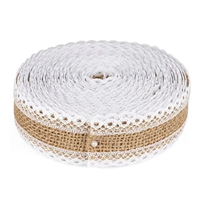 Image of G2PLUS Jute Trim Burlap Ribbon 10M Hessian with Lace 2.5CM Natural Fringe Tape for Vintage/Rustic Themed Wedding Craft
