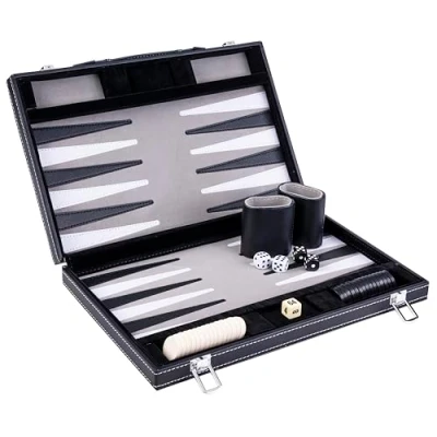Image of Engelhart 250515 Backgammon 15&quot; Open: 36 x 48 cm inlaid velvet and stitching leatherette playing field in attache case