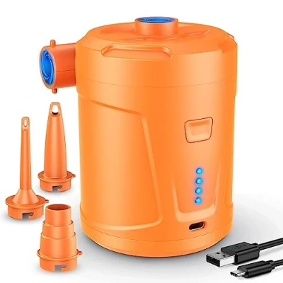 Image of SUPPOU 5200mAh Portable Electric Air Pump (Orange), Fast Inflating/Deflating, Rechargeable, 3 Nozzles for Pool, Airbed, Boat