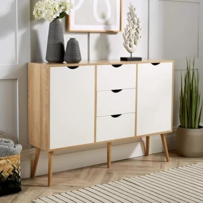 Image of Home Source Sideboard Storage Cabinet, 2 Door, 3 Drawer Cupboard, Solid Wood Legs, Oak Effect White, Scandi Style