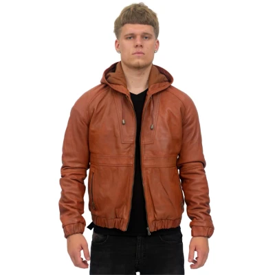 Image of Men&#039;s Casual Tan Nappa Leather Biker Jacket with Hood M