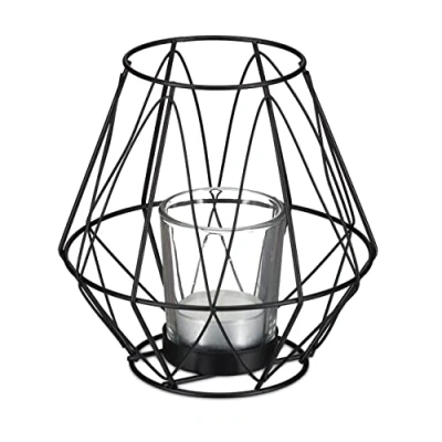 Image of Relaxdays Tealight Holder, Geometric Design, with Votive Candle Glass, Metal, H x Diam. 14 cm, Black, Iron