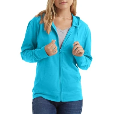 Image of Hanes Women&#039;s Jersey Full Zip Hoodie, Process Blue, Small