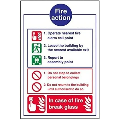 Image of V Safety General Fire Action Break Glass Sign 210mm x 297mm (A4) Self Adhesive Vinyl