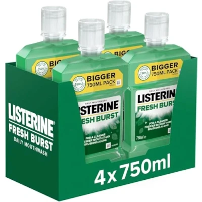 Image of Listerine Fresh Burst Fluoride Antibacterial Mouthwash Pack of 4 (4 x 750ml), Helps Kill Up to 99% Germs Left after Brushing and Reduce Plaque, Freshen Breath Maintain Healthy Gums