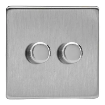 Image of Varilight Brushed Steel Screwless, LED Dimmer Switch V Pro Series, 2 Gang (Single), 1 or Way, 250 Watt (Trailing Edge)
