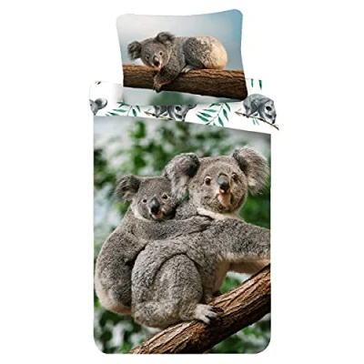 Image of Koala Bed Linen Set with Baby in Wild on Eucalyptus Tree, Duvet Cover 140 x 200 cm, Pillowcase 70 90 100% Cotton, for Children, Teenagers, Adults