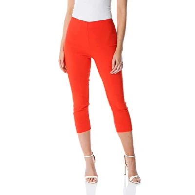 Image of Roman Originals Cropped Trousers for Women UK Ladies Capri Leggings Summer Pants Short Crop Stretch 3/4 Length Three Quarter Pedal Pusher Clothes Elasticated Bengaline Cut Off Dark Orange Size 14