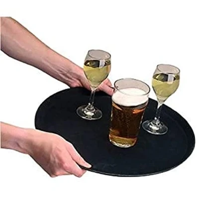 Image of Olympia Kristallon Polypropylene Plastic Round Non Slip Tray Black 406mm / 16 inch Diameter C558
