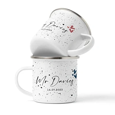 Image of WOWZ DESIGN &amp; PRINT LTD Mr and Mrs Couples Coffee Mugs, Personalised Tin Cups Set Years Bridal Shower Engagement Wedding Anniversary Valentines Gifts for
