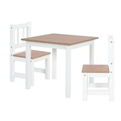 Image of roba Children&#039;s Table and 2 Chairs Set Woody Tabletop Seats with Wood Like Appearance Scratch Resistant for Girls &amp; Boys Aged Above White