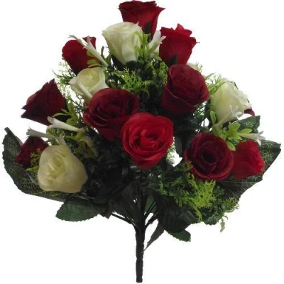 Image of A1 Homes 41cm Artificial Silk Red &amp; Cream Rose Bush with 24 flower heads Wedding Grave Home Decoration