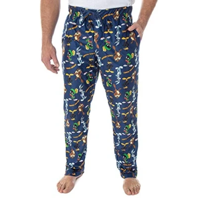Image of Looney Tunes Men&#039;s Daffy Duck Bugs Bunny Taz Marvin Martian Allover Toss Print Lounge Sleep Pajama Pants (Large)