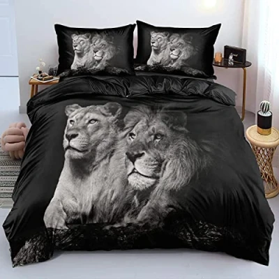 Image of Black White Lion Lioness Wild Animals Bedding Sets 3 Piece Duvet Cover Breathable Quilt with 2 Pillowslips for Guest Room School Dormitory Lining 230x220cm