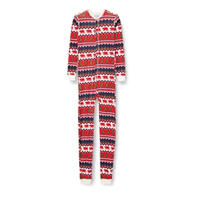 Image of Hatley Unisex Fair Isle Bear &amp; Moose Family Union Suits Pajama Set, Kid&#039;s Suit Navy Isle, 10 Years