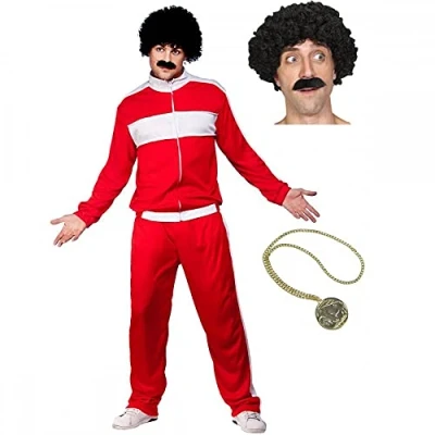 Image of A2ZFD Scouser Tracksuit + Wig &amp; Tash Gold Medallion Mens Fancy Dress 1980s Shell Suit 80s Costume (One Size (44&quot;))