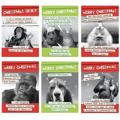 Image of Christmas Cards multipack of 12. Funny Xmas Cards. Animal themed. Each Card has 6 different Humorous Designs. Bulk and Envelopes