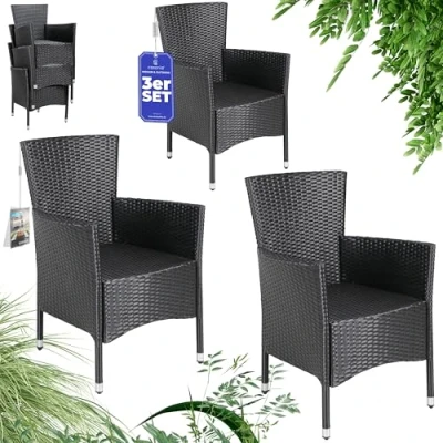 Image of CASARIA® Rattan Garden Chairs Set of 3 Stackable Polyrattan Weatherproof Chair Indoor &amp; Outdoor Adjustable Feet 160kg Load Capacity Black