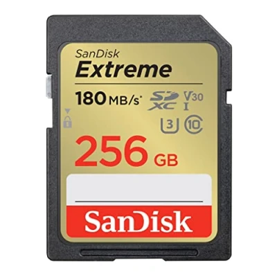 Image of SanDisk 256GB Extreme SDXC card, SD card up to 180MB/s, V30 Memory UHS I, Class, 10, U3, V30, RescuePro Deluxe data recovery software.