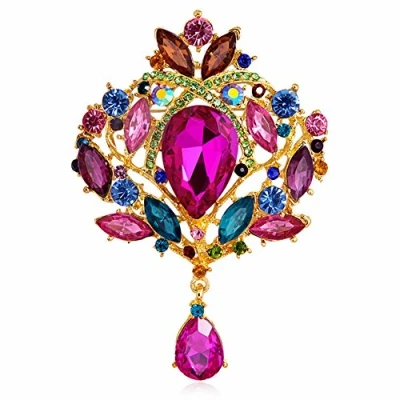 Image of Brussels08 Women&#039;s Luxury Flower Bouquet Teardrop Brooch Pin Rhinestone Pendant Cocktail Corsage Wedding Jewelry Multicolor gold Plated