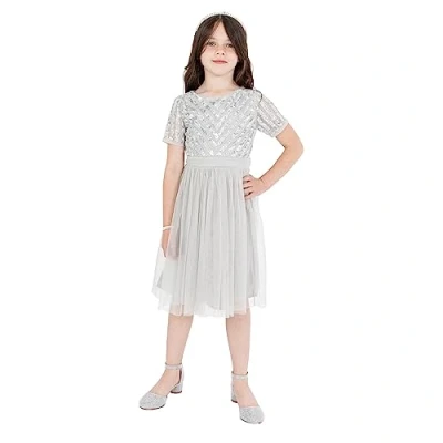 Image of Maya Deluxe Girl&#039;s Midi Dress for Wedding with Sequin Embellishment Short Sleeve Prom Birthday Party Bridesmaid, Soft Grey, 5 6 Years