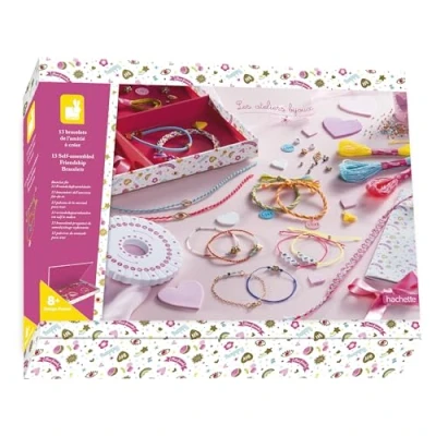 Image of Janod J07939 Set Of 13 Friendship Bracelets to Create Les Ateliers Bijoux Kid&#039;S Creative Leisure Kit Teaches Fine Motor Skills and Creativity Ages 8 Up,Yellow,golden,gold,grey