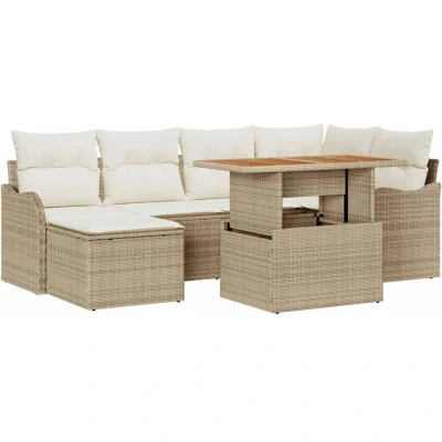 Image of vidaXL 7 Piece Garden Sofa Set with Cushions Beige Poly Rattan Acacia