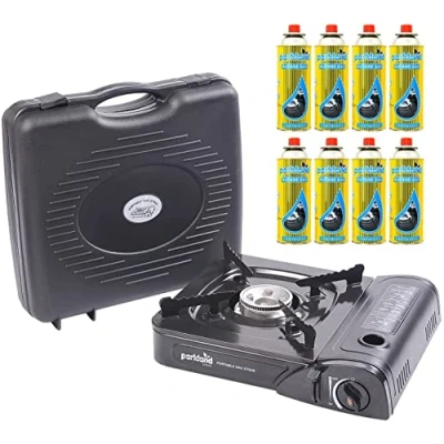 Image of STOREX Portable Single Burner Hob Camping Gas Stove Cooker Automatic Ignition System Enamel Pan Holder Butane BBQ with 8 Refill Cans
