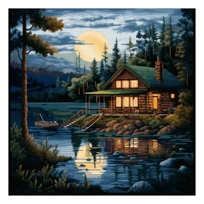 Image of 51buyoutgo Lakeside Landscape 11ct Cross Stitch, 11 Count Counted Stamped Pre Printed Stitch Embroidery Kits for Adults Beginners Starter Advanced Easy Crossstitch Patterns Set 40 x cm