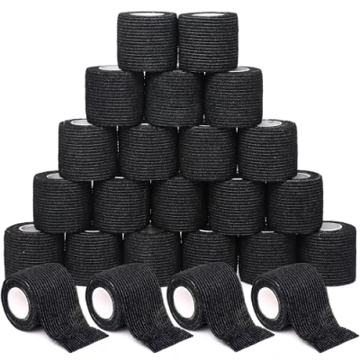 Image of Black Self Adhesive Bandage Tape 5cm x 4.5m, Cohesive Bandages Wrap, Vet Wrap Sports Ideal for Sports, First Aid, Knee, Ankle and Wrist (Black, 24 Rolls)