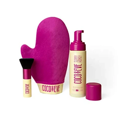 Image of Coco &amp; Eve Sunny Honey Bali Bronzing Bundle. All Natural Sunless Tanning Mousse. Instant Self Lotion with Bronzer, Mitt Applicator and Kabuki Brush. (Ultra Dark)