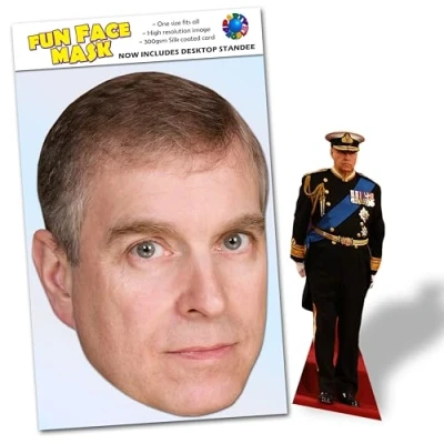 Image of Party People 1 x Prince Andrew Ready To Wear Celebrity Face Mask Includes Freestanding 20cm Desktop Standee Card Cutout A