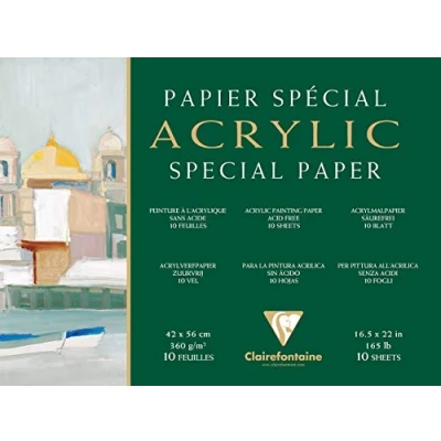 Image of Clairefontaine Ref 96497C Acrylic Paper Pad (10 Sheets) 30 x 40cm in Size, 360gsm Paper, Acid Free, pH Neutral Suitable for Use With &amp; Gouache Paints