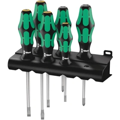 Image of Wera 334/355/6 Kraftform Plus Lasertip screwdriver set with rack, PZ/SL, 6pc, 05105656001