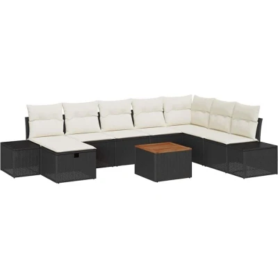 Image of vidaXL 9 Piece Garden Dining Set with Cushions Black Poly Rattan Acacia