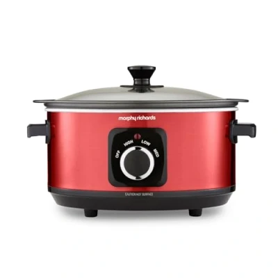 Image of Morphy Richards Accents 3.5L Sear &amp; Stew Slow Cooker, Shatter Resistant Non Stick Aluminium Pot, Single Pot Cooking, Compact, 3 Heat Settings, Hob Proof, Glass Lid, Easy Clean, 163W, Red, 460026