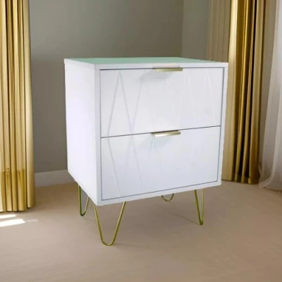 Image of Modern White 2 Drawer Bedside Table With Gold Legs, Wooden Nightstand Cabinet Storage Drawers