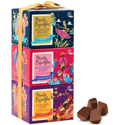 Image of Monty Bojangles Vegan Cocoa Dusted Truffles Tower (3 x 100g Gift Pack) 3 Luxury Chocolatey Truffle Boxes Caramel Haze, Berry Blush, Nib Nights Chocolate