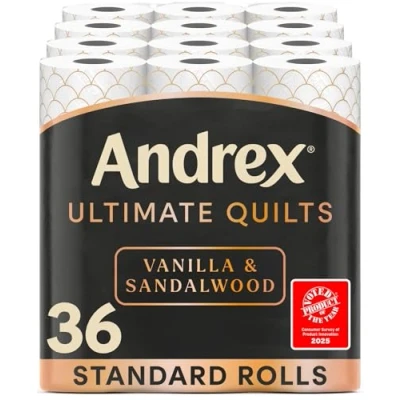 Image of Andrex Ultimate Quilts Toilet Tissue 36 Rolls with Vanilla and Sandalwood Fragrance, Air Pocket Technology for Soft, Thick Sheets Bulk Pack of Quilted Rolls, FSC Certified