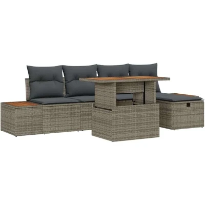 Image of vidaXL 6 Piece Garden Sofa Set with Cushions Grey Poly Rattan